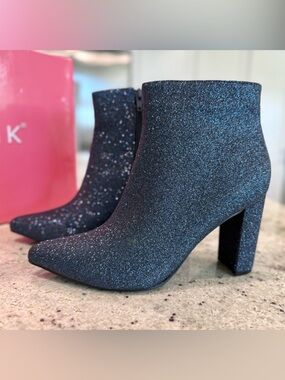 Allegra K Sparkle Navy Blue Glitter Ankle Boots
